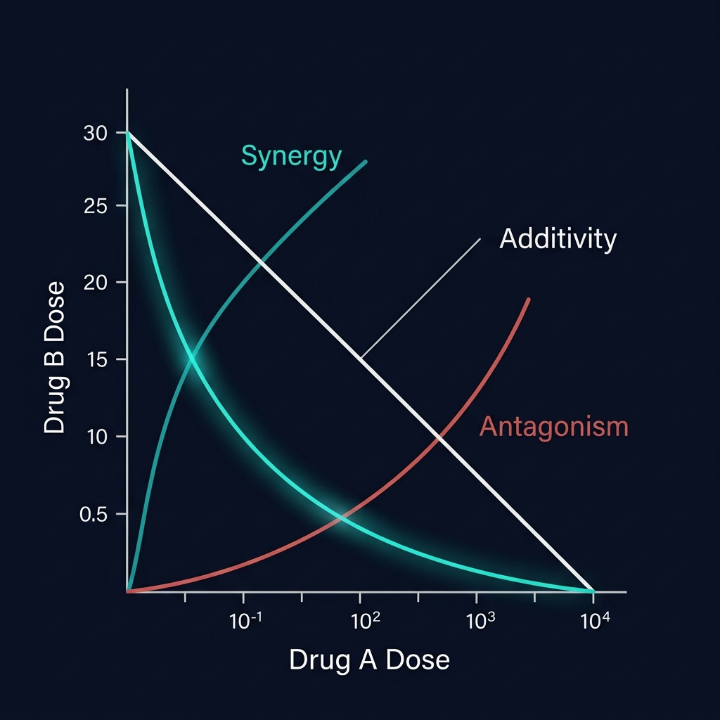 Isobologram showing the difference between additive, synergistic and antagonistic combination effects