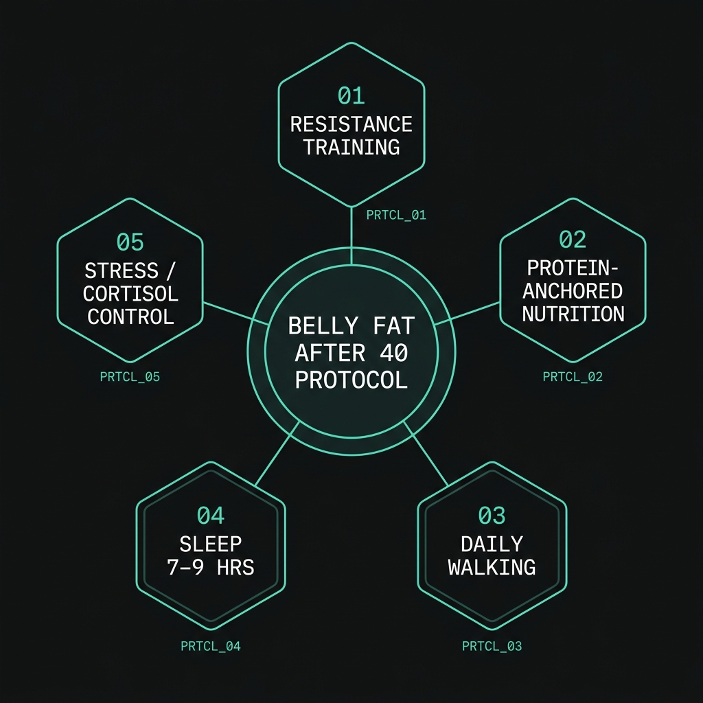 The 5-pillar protocol for losing belly fat after 40 — resistance training, protein nutrition, walking, sleep, and stress management