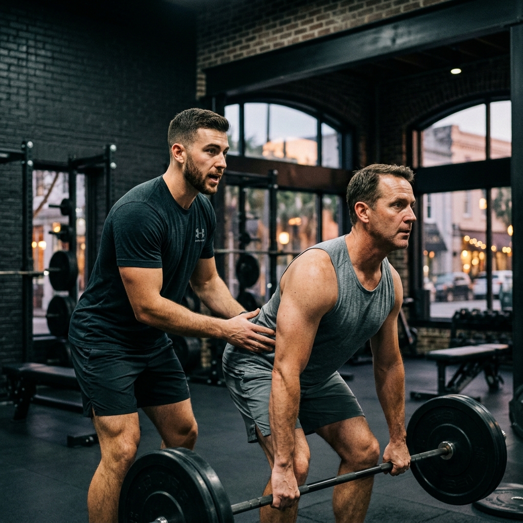 Charleston SC personal trainer Kyle Belk coaching a male client over 40 through a barbell deadlift for belly fat loss