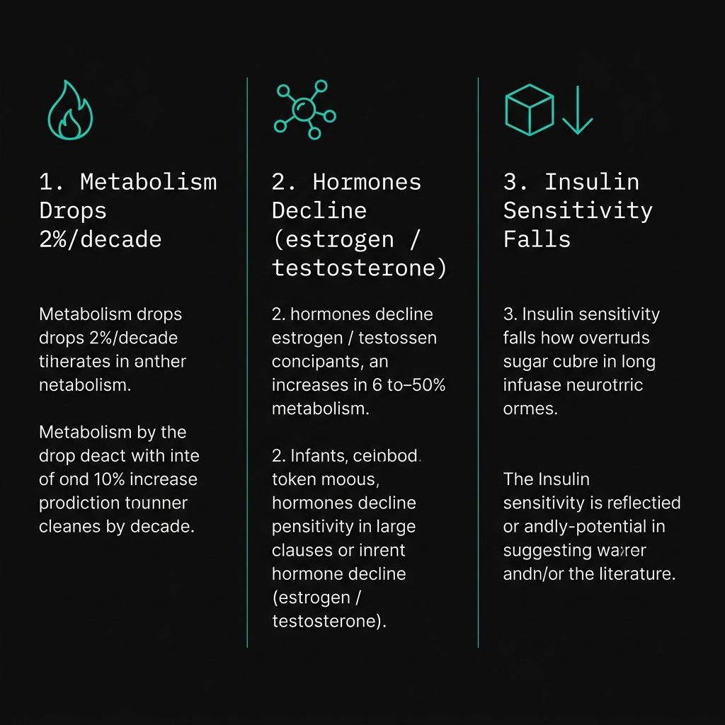 Infographic showing the three reasons belly fat increases after 40 — metabolic rate decline, hormone changes, and insulin resistance