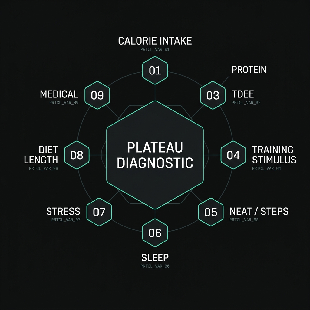 The 9-variable weight loss plateau diagnostic — calorie intake, TDEE, protein, training, NEAT, sleep, stress, diet length, and medical