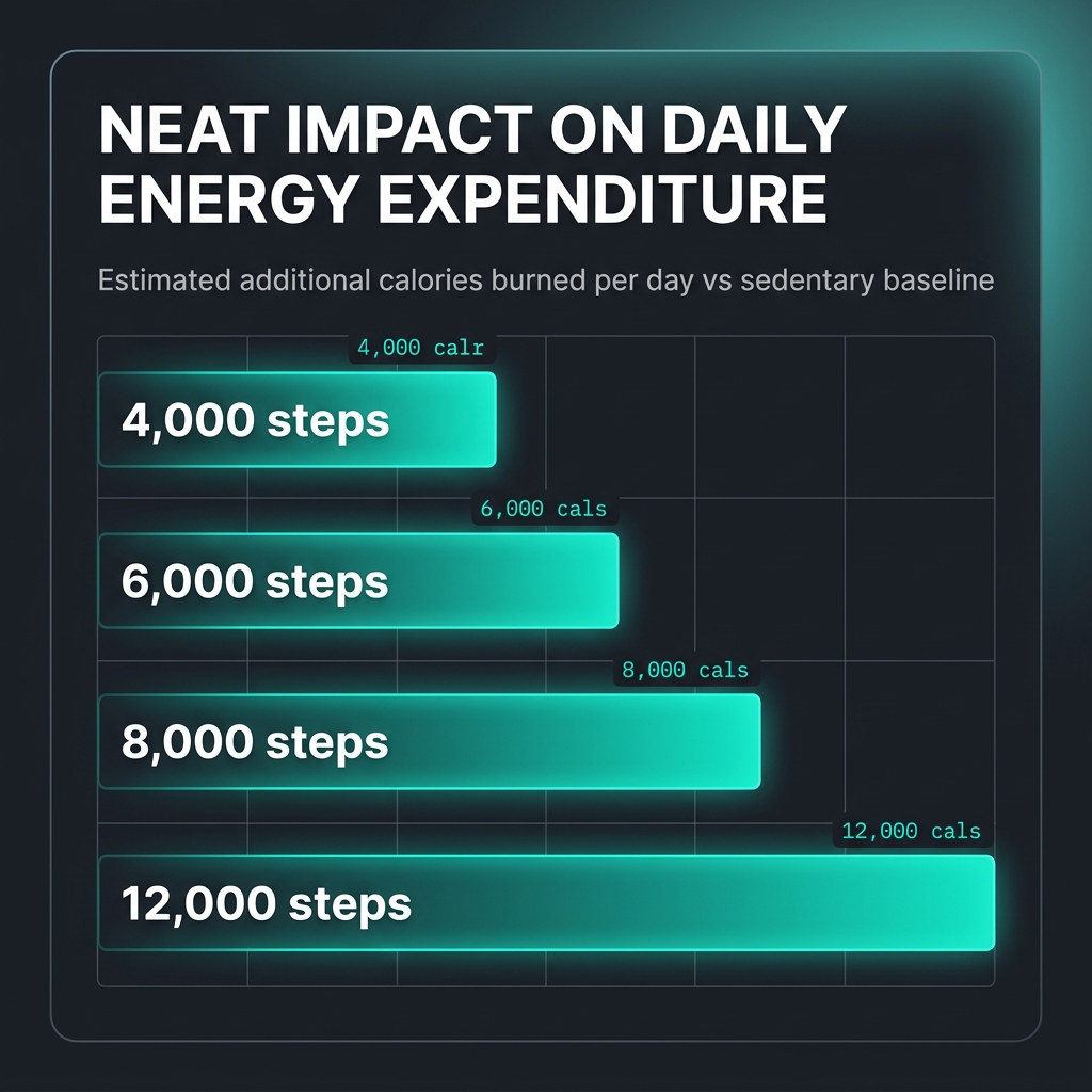 Bar chart showing how daily step counts from 4,000 to 12,000 affect calorie burn and fat loss