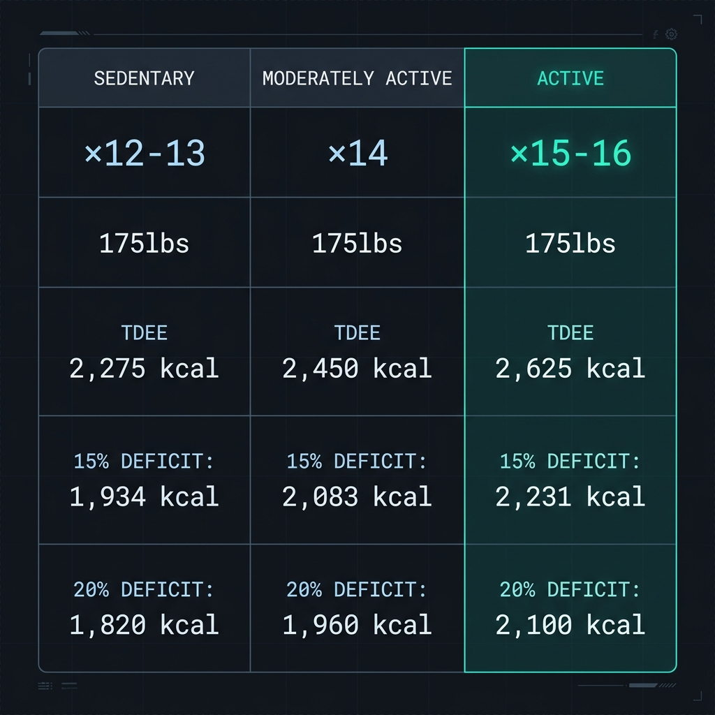 TDEE calculation table showing maintenance and fat-loss calorie targets at different activity levels