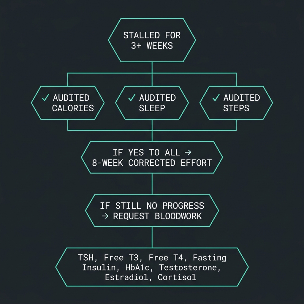 Decision tree showing when to see a doctor for weight loss issues — including which bloodwork panels to request