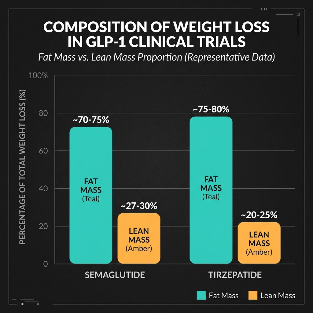 Chart showing fat mass versus lean mass loss in GLP-1 clinical trial data