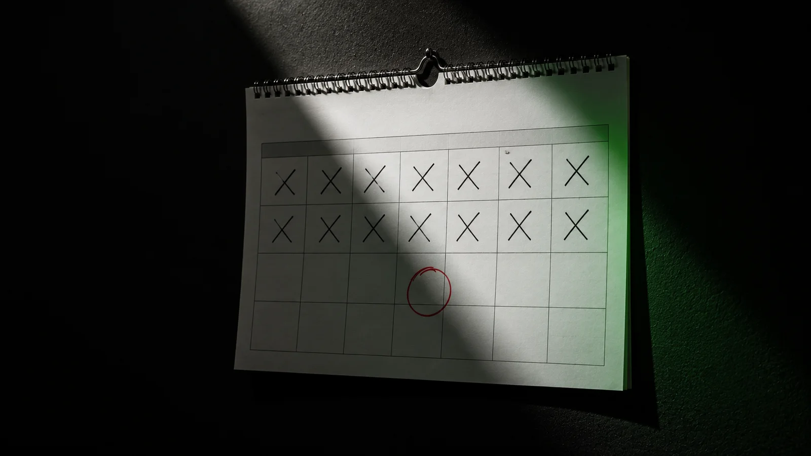 A paper wall calendar on a near-black wall with a competition date circled in red marker and preceding weeks crossed off in black, a single green accent light falling across the page