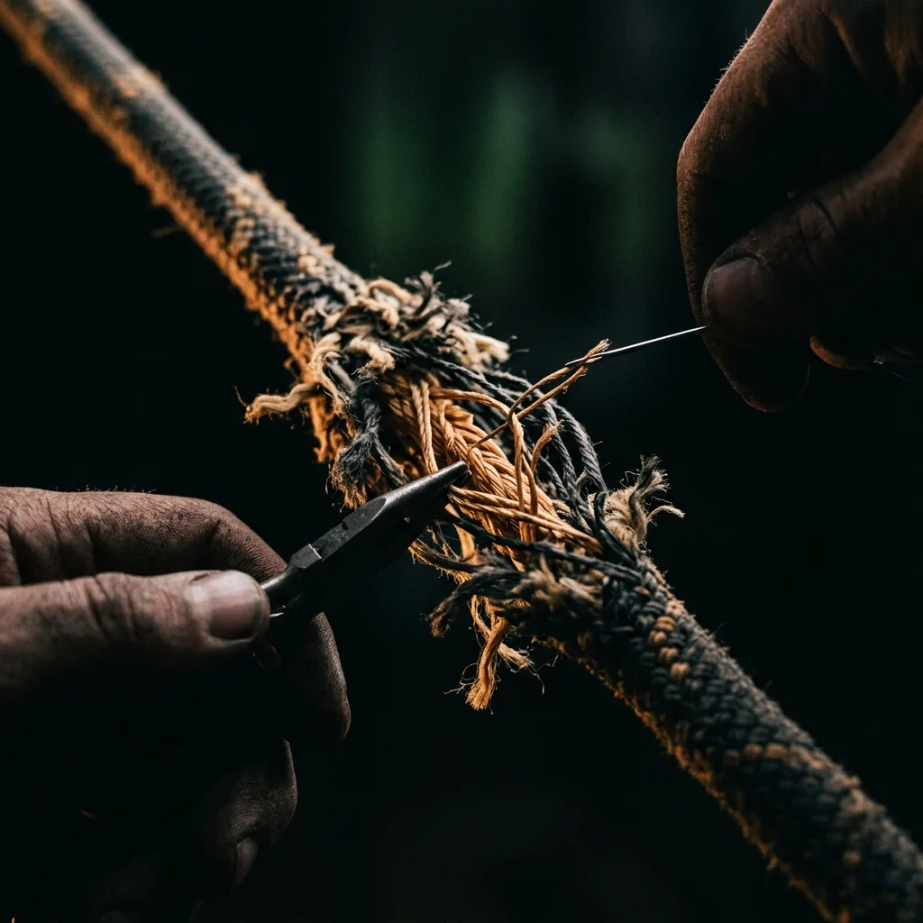 Close-up of a frayed athletic rope being carefully rewoven, a visual metaphor for tissue repair and recovery