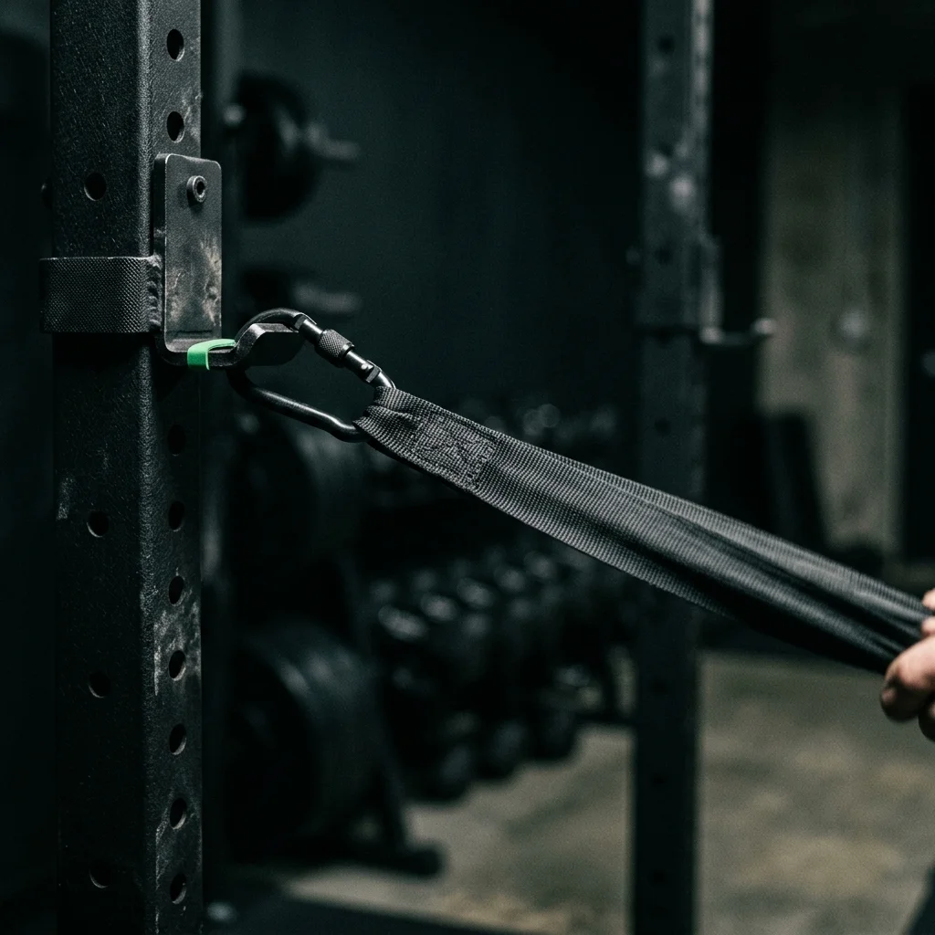 A resistance band anchored to a squat rack mid-stretch, representing structured mobility and rehab work