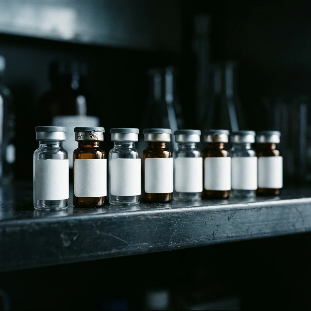 Labeled research-use-only glass vials arranged on a laboratory shelf with soft, clinical lighting