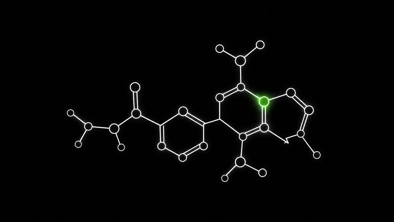 Clean white line-art diagram of the creatine molecular structure on a near-black background, rendered in a minimal data-visualization style with thin uniform strokes