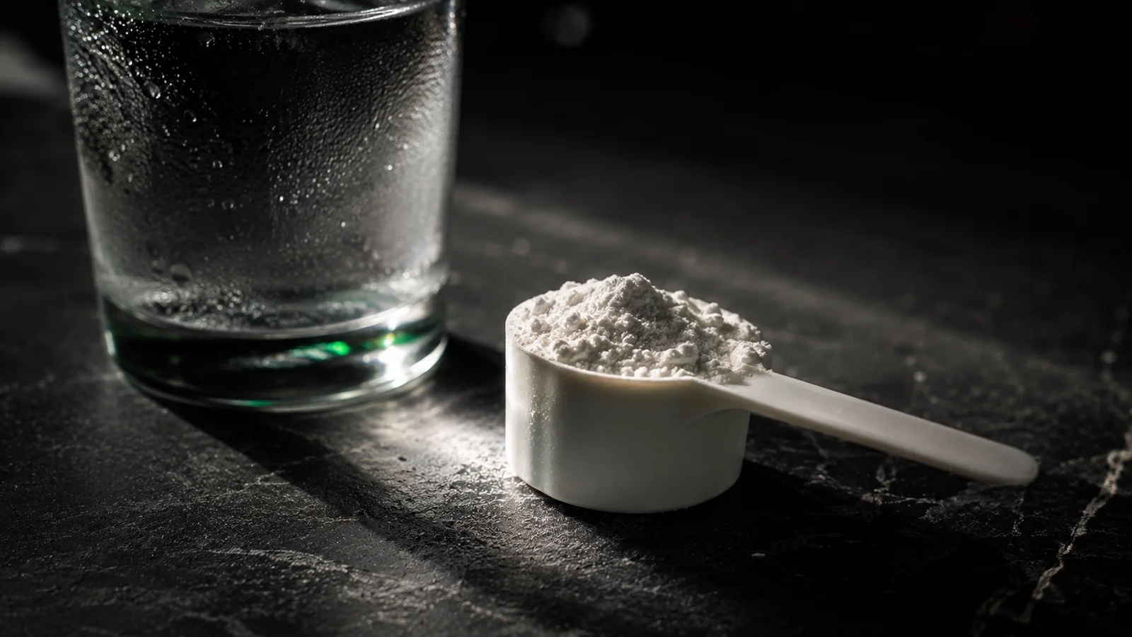 A small measuring scoop holding white creatine monohydrate powder resting beside a clear glass of water on a dark stone kitchen counter, lit from one side