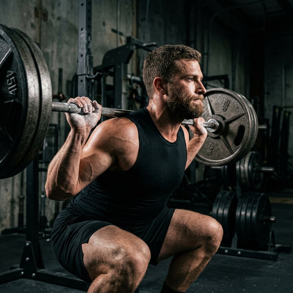 Client performing a barbell back squat as part of a muscle-preservation strength training protocol while on a GLP-1 medication