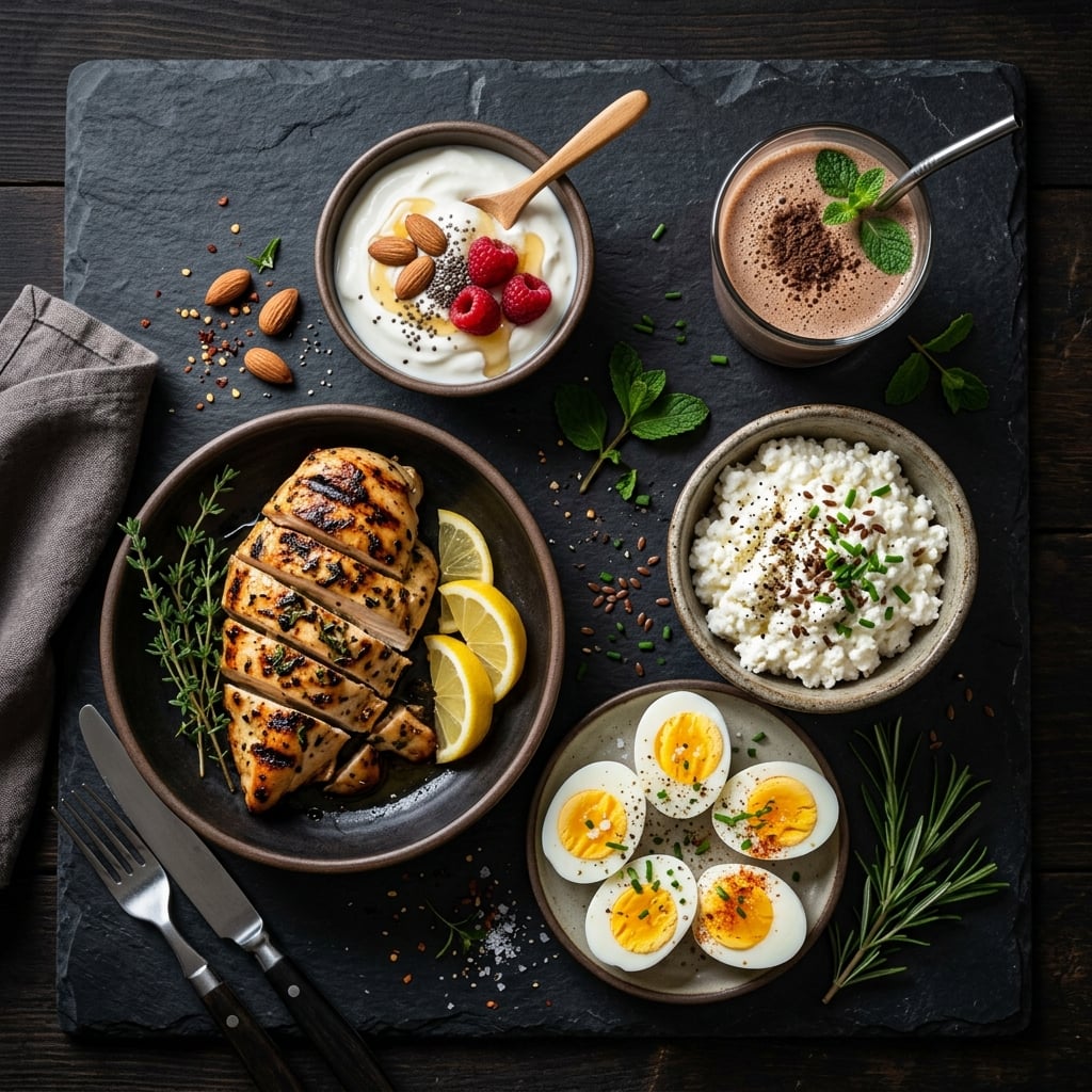 High-protein foods including Greek yogurt, eggs, cottage cheese, and lean chicken arranged for a GLP-1 muscle preservation meal plan