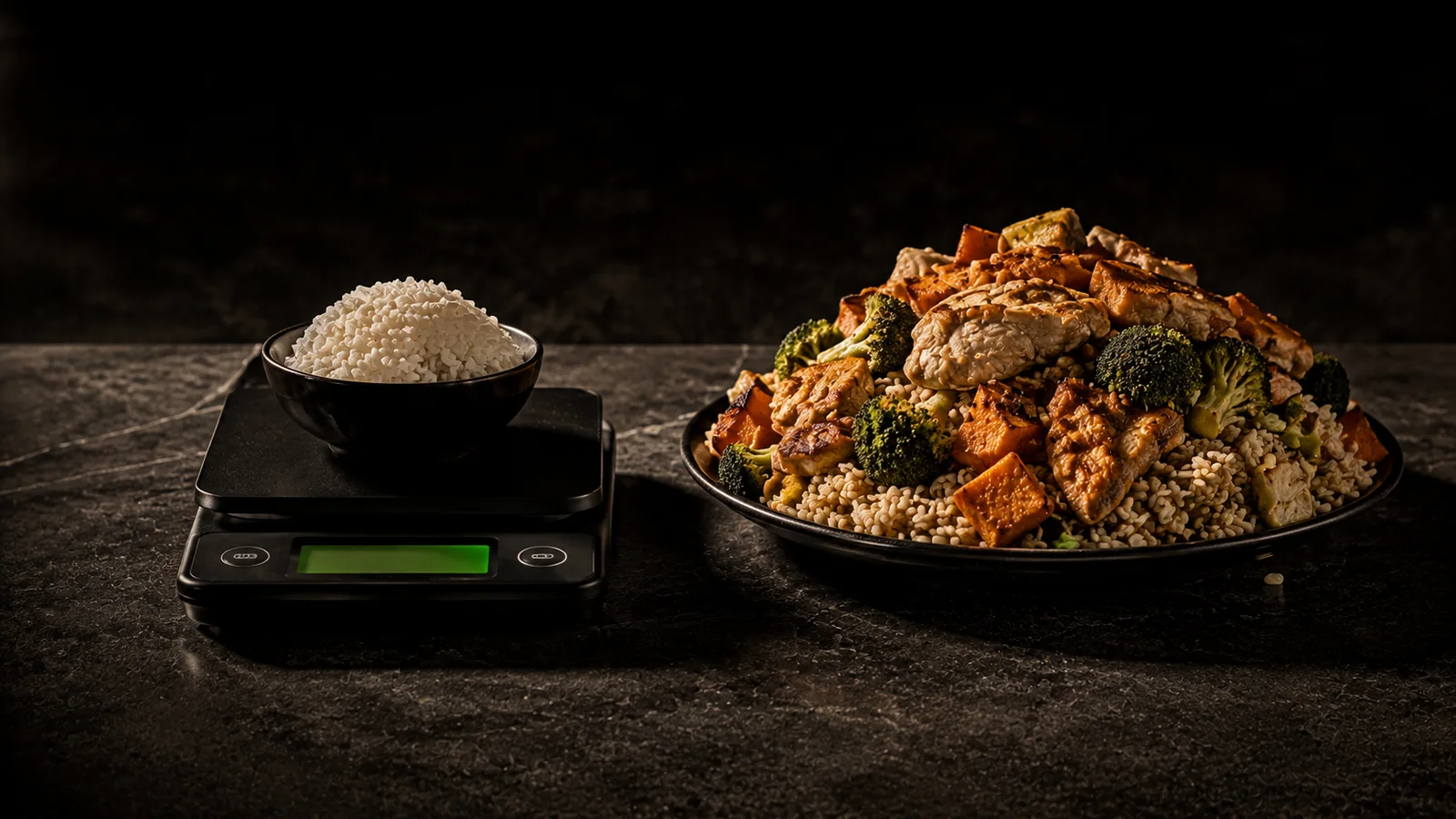 A digital kitchen scale holding a measured portion of white rice in a small bowl, sitting beside a large plate heaped with unmeasured food, lit in low moody side light on a dark countertop