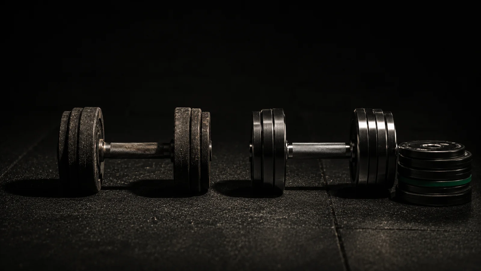 Two identical dumbbells on a dark gym floor, one dusty and untouched, the other clean with a small stack of added weight plates beside it, lit from a single low side source