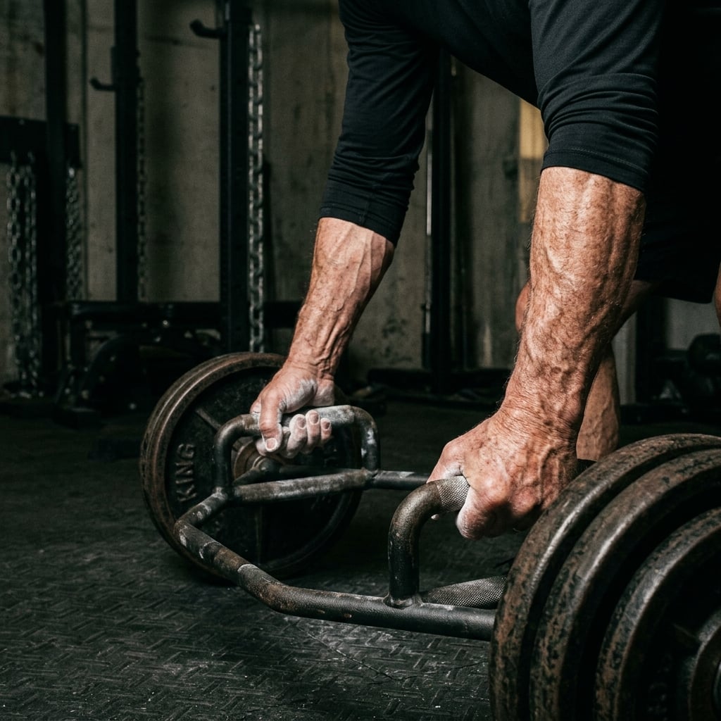 Older adult performing a trap bar deadlift to build grip strength, bone density, and functional muscle for longevity