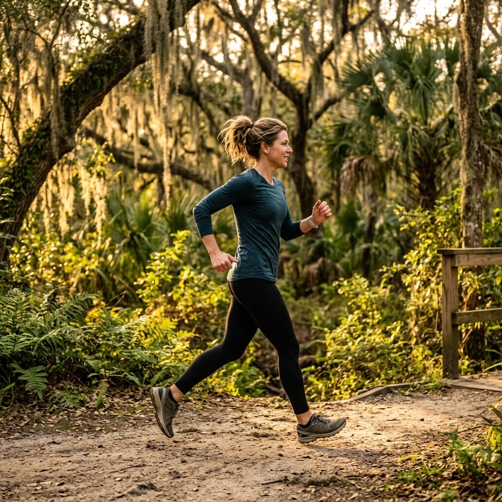 Adult performing Zone 2 cardio training by walking outdoors on a trail for cardiovascular longevity