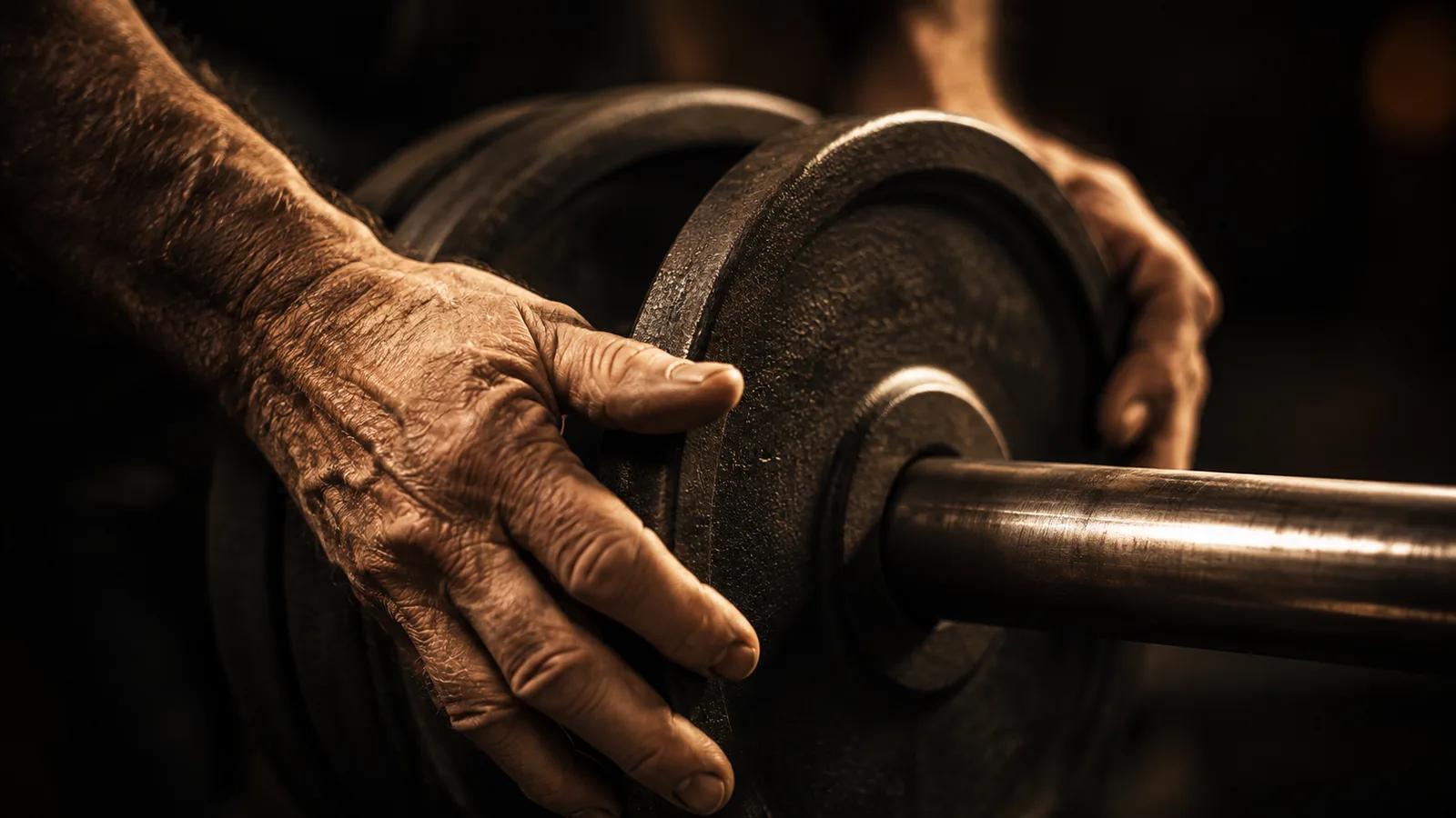 Close-up of weathered hands loading a barbell plate in dim, warm gym lighting, suggesting patience and long-term practice rather than a single intense session