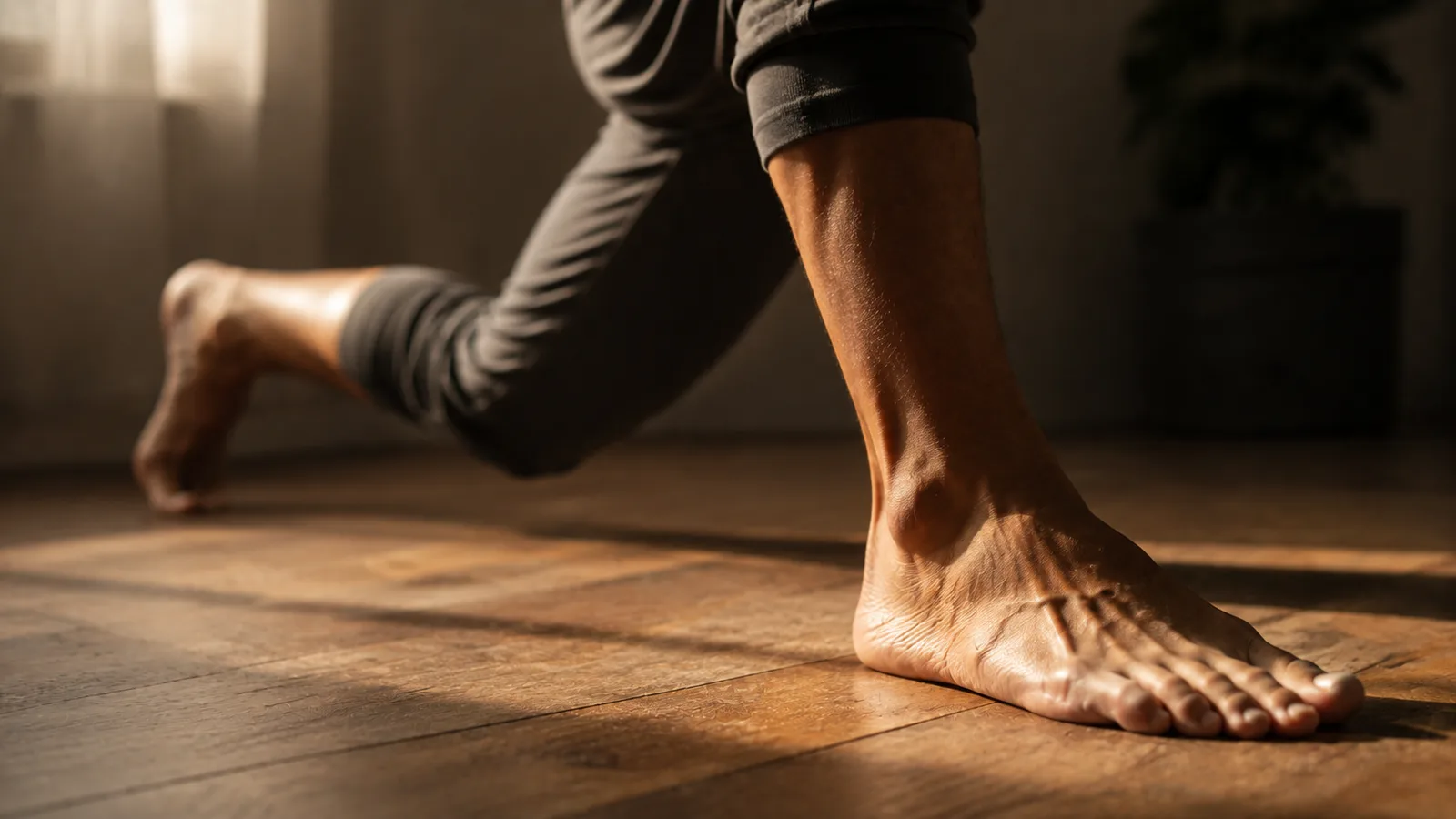 A person's bare feet and lower legs mid-stretch on a wooden floor in warm natural light, representing deliberate mobility work