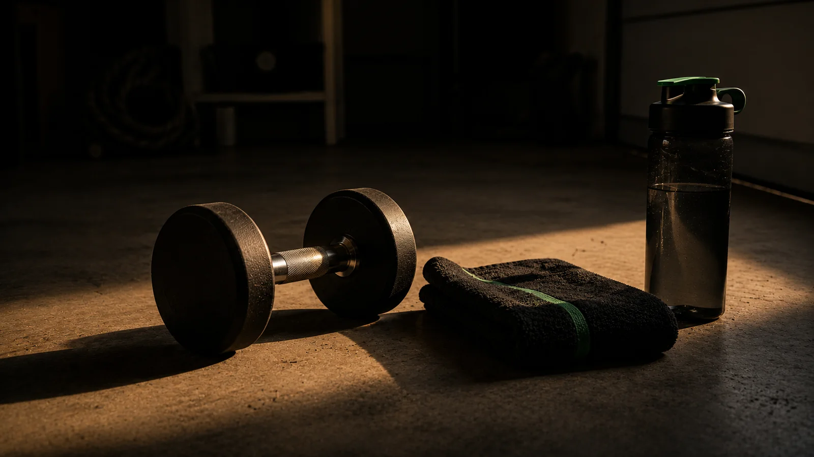 A single dumbbell resting on a sunlit garage floor beside a folded towel with a green accent stripe and a water bottle, representing a home-gym online training session