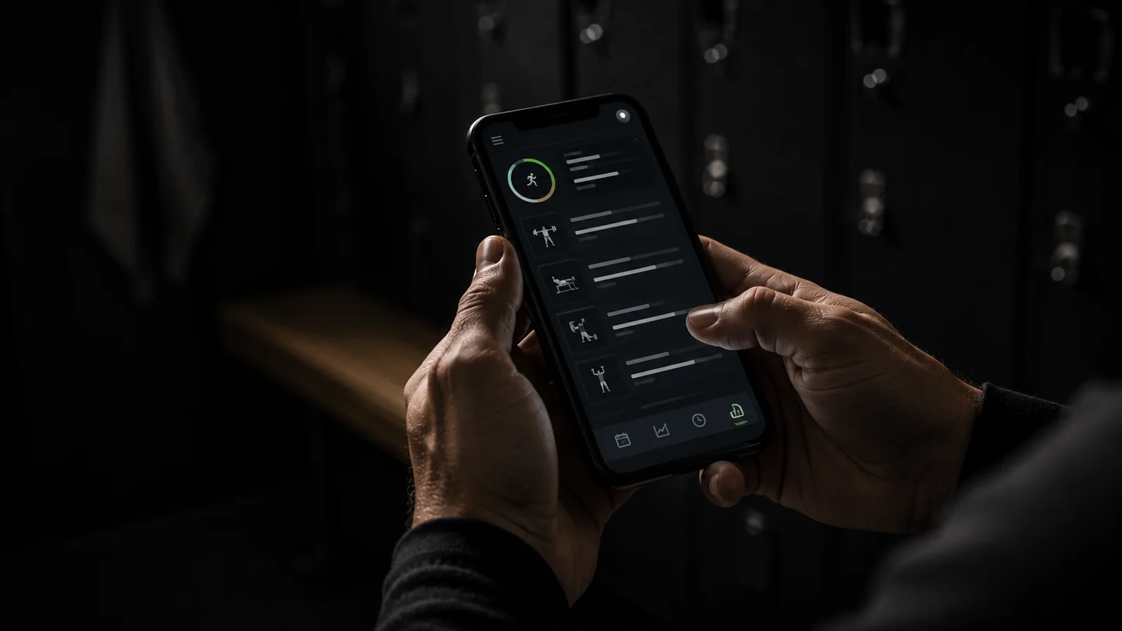 A pair of hands holding a phone displaying a workout app screen with exercise icons and progress bars, in a dim gym locker room, representing an online coaching client checking today's session