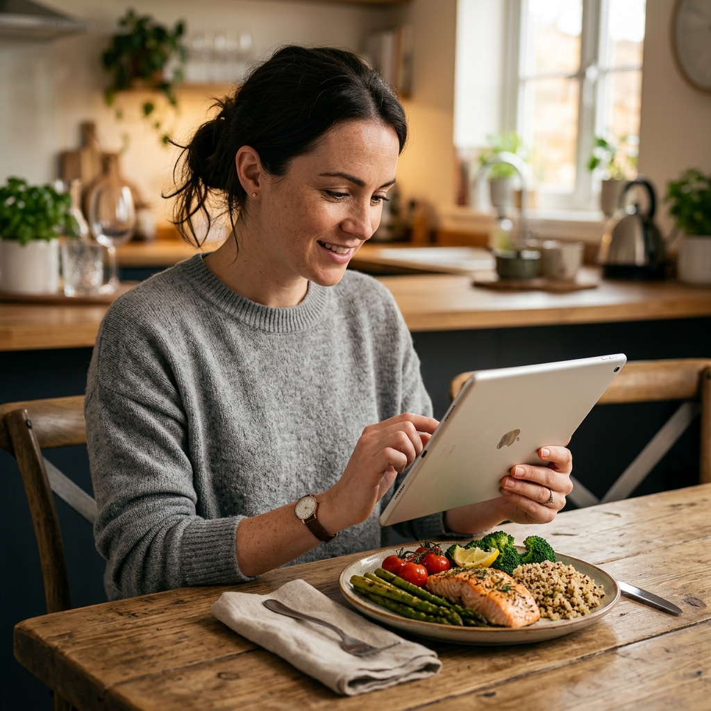 Una persona rastreando macros y nutrición en una tableta, con una comida saludable de proteína magra y verduras