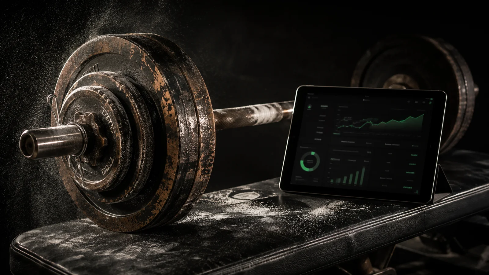 A worn, chalk-dusted vintage barbell resting on a dark gym bench beside a modern tablet displaying a digital lifting tracker, lit in moody low light
