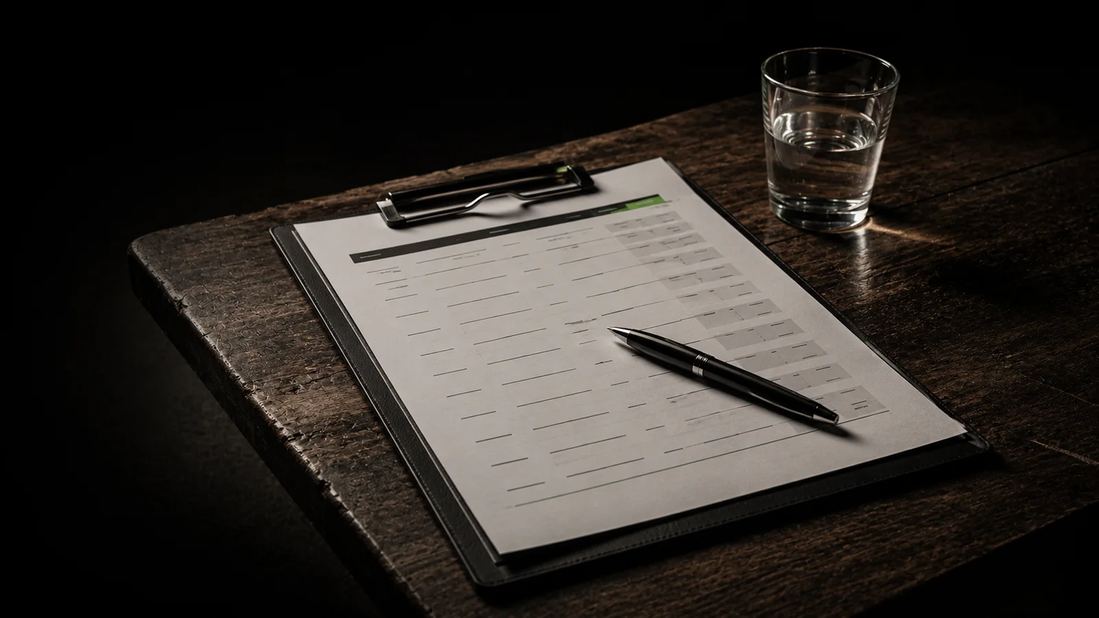 A printed pricing sheet on a black clipboard resting on a rustic wood table, with a pen laid across it and a glass of water beside it, representing a transparent personal training pricing breakdown