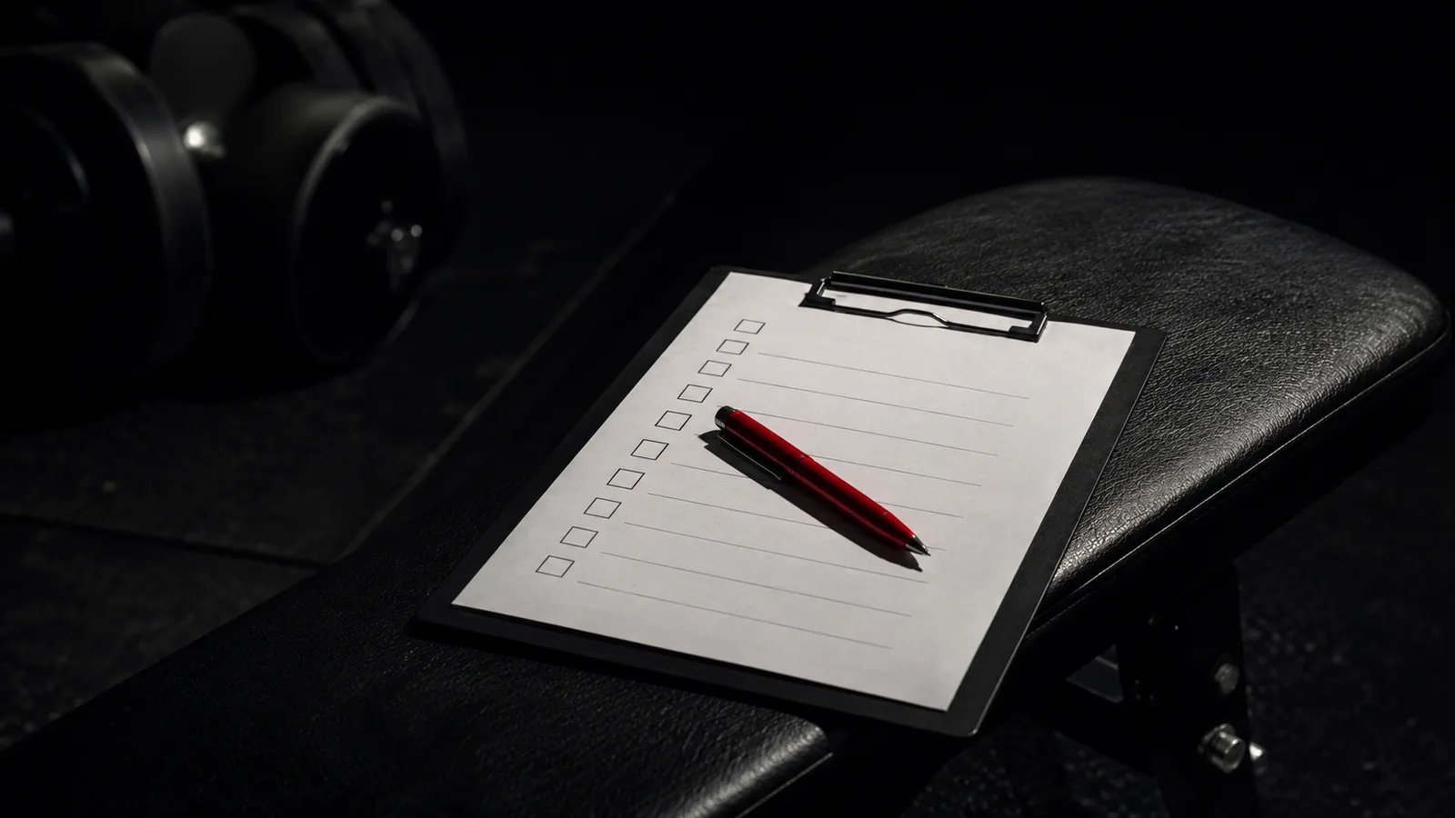 A dark clipboard with a checklist and a red pen resting on a gym bench, representing an athlete reviewing a prohibited substances checklist