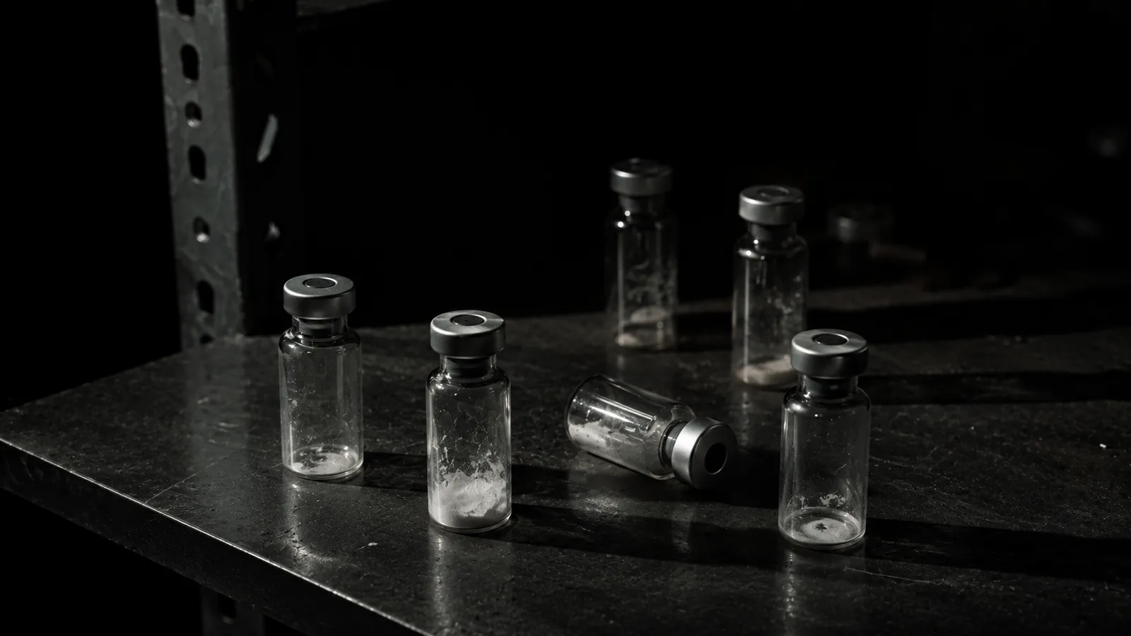 Unlabeled glass research vials on a dark laboratory shelf under dim overhead light, representing unregulated peptide sourcing risk