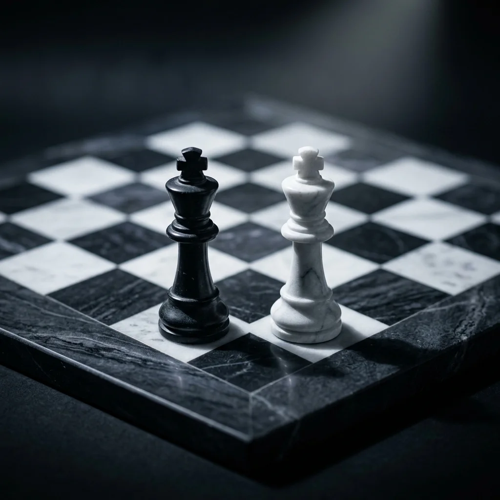 A minimalist chessboard with two opposing pieces facing off, symbolizing a strategic decision between two paths