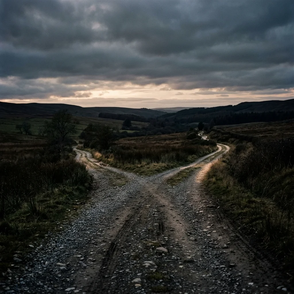A literal fork in a gravel road splitting in two directions under dramatic evening light, symbolizing a bodybuilder's decision point