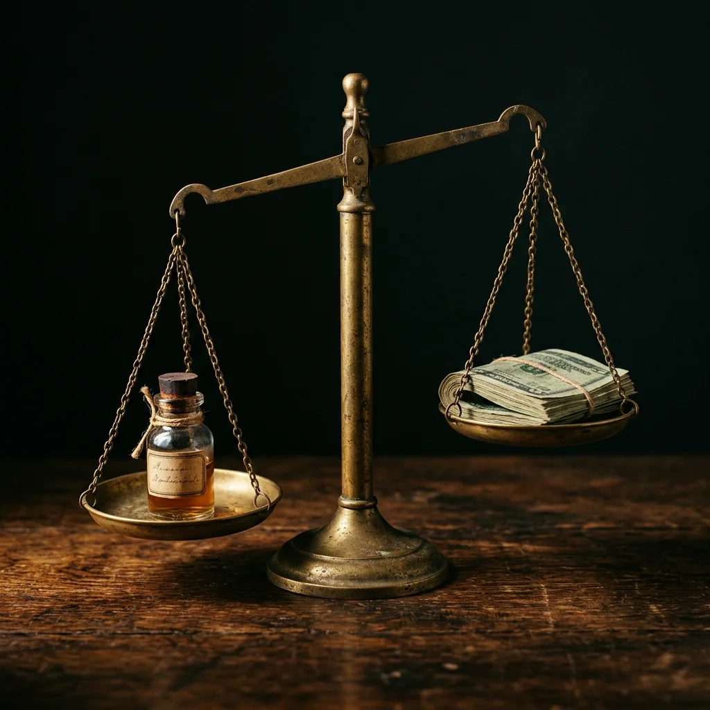 An old brass balance scale weighing a small glass vial on one side against folded cash on the other