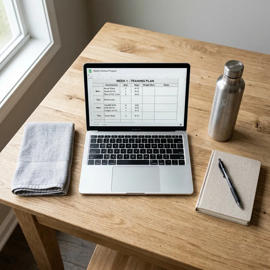 A laptop open to a workout program next to a water bottle and notebook on a kitchen table, representing online coaching setup