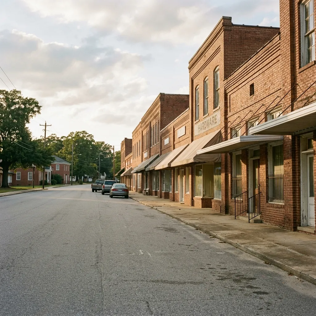 A quiet small-town Main Street in South Carolina with historic storefronts, evoking Johnston's small-town character