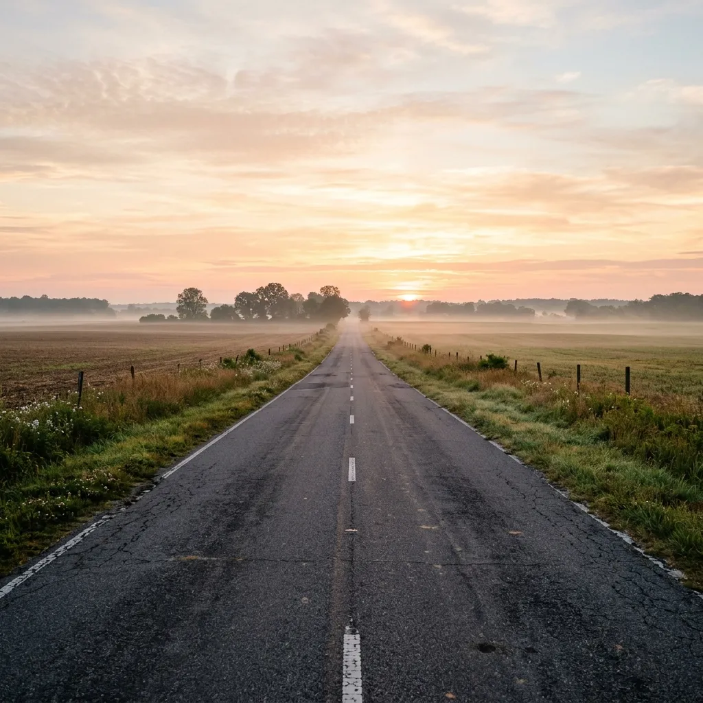 An empty rural South Carolina road at sunrise, representing the drive-time barrier to accessing in-person fitness options from a small town