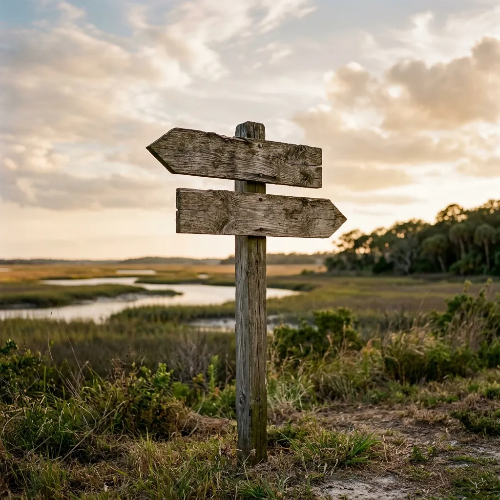 Two weathered wooden directional signposts pointing in different directions against a South Carolina sky, symbolizing a comparison between two towns