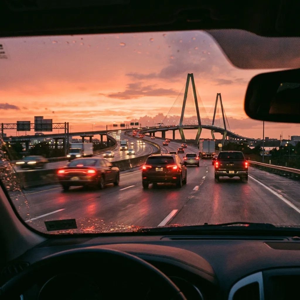 A car's dashboard view of a highway commute at dusk in South Carolina, representing the commute-time factor in choosing a training location
