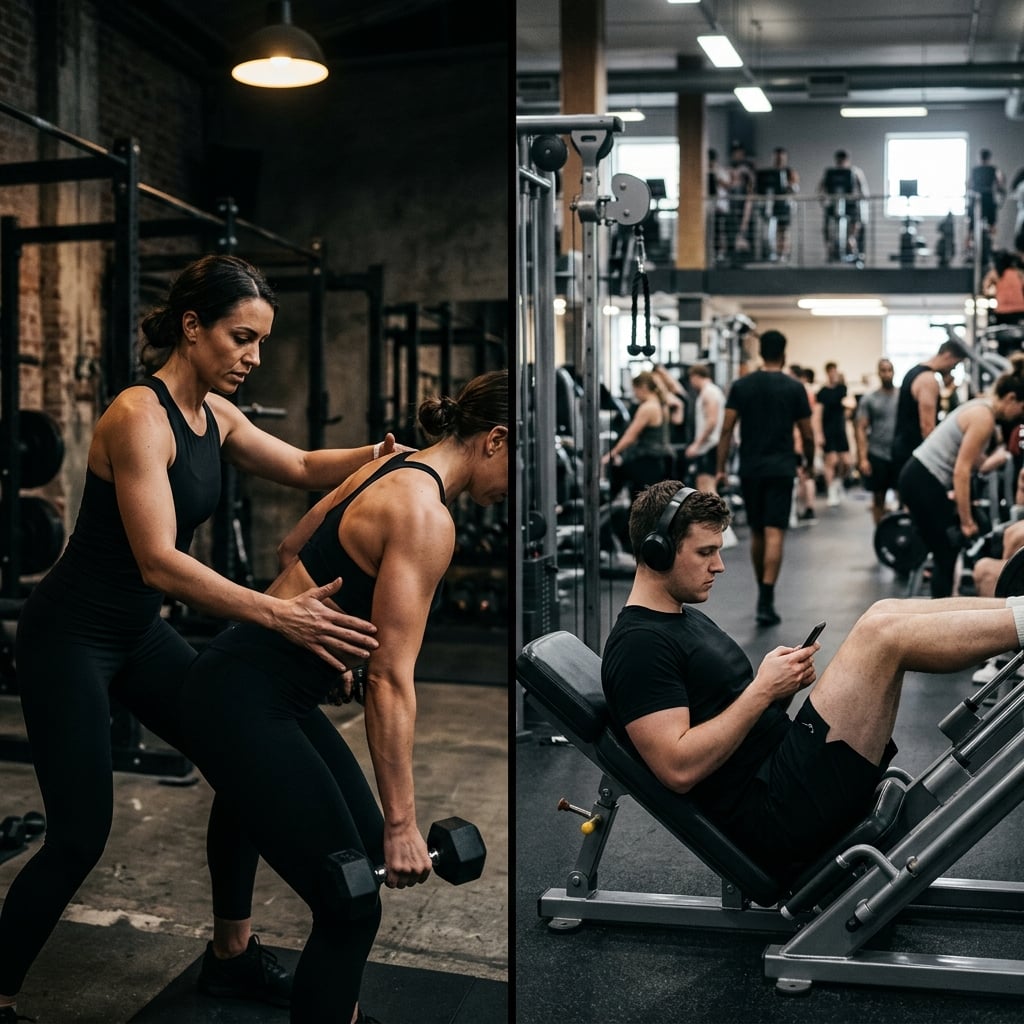 Split comparison image of a personal trainer coaching a client versus a person working out alone at a commercial gym in South Carolina