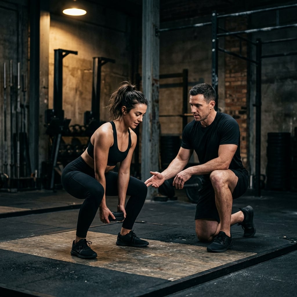 Personal trainer providing hands-on coaching and squat form correction to a client during a session