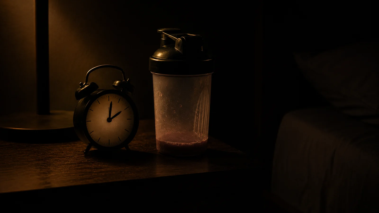 A dimly lit nightstand at night holding an analog alarm clock reading just past midnight and a plastic shaker bottle with residue in the bottom, moody low-key lighting, no people visible