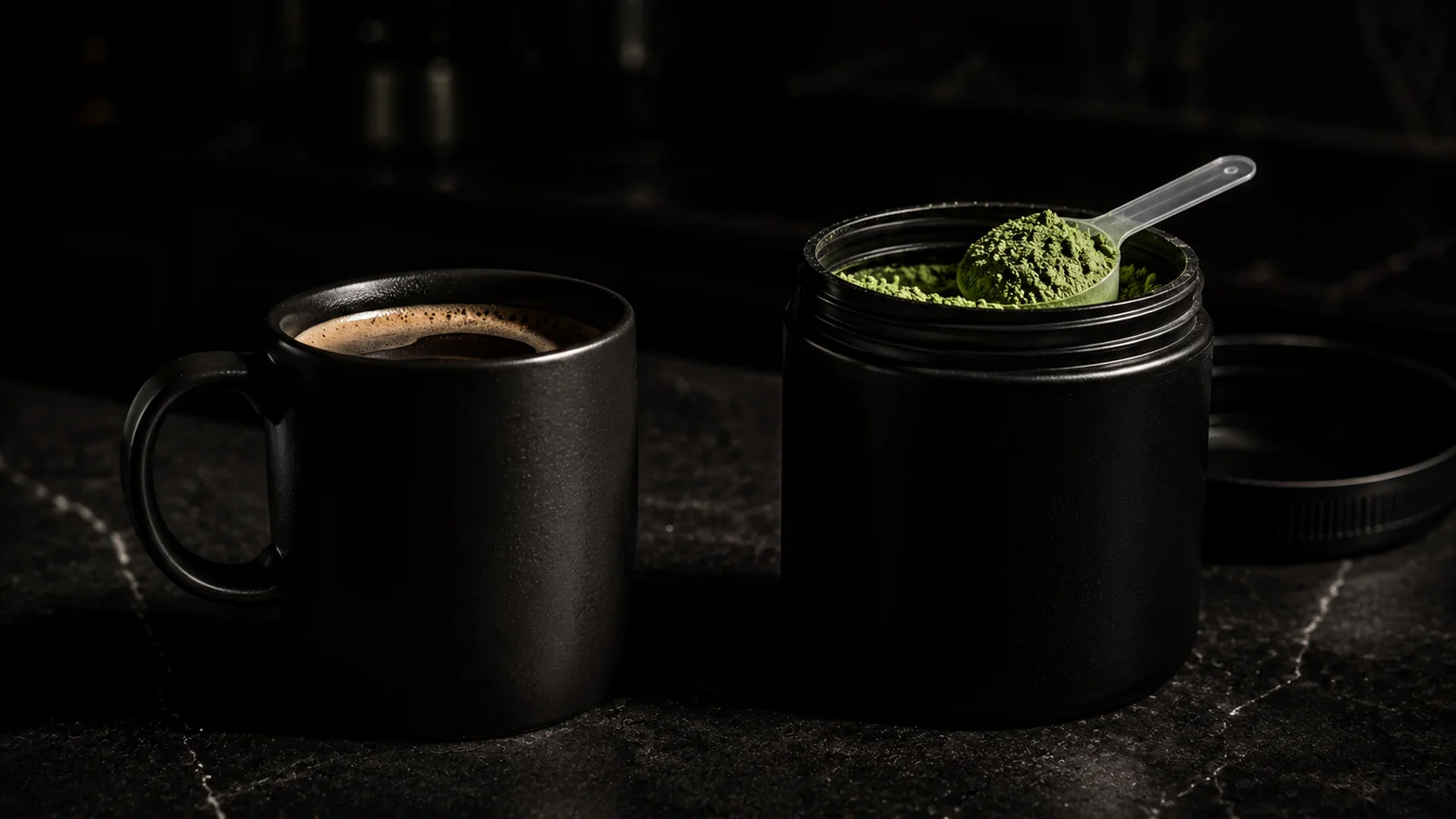 A plain black ceramic coffee mug sitting beside an open tub of brightly colored pre-workout powder and a plastic scoop on a dark kitchen counter, lit from one side