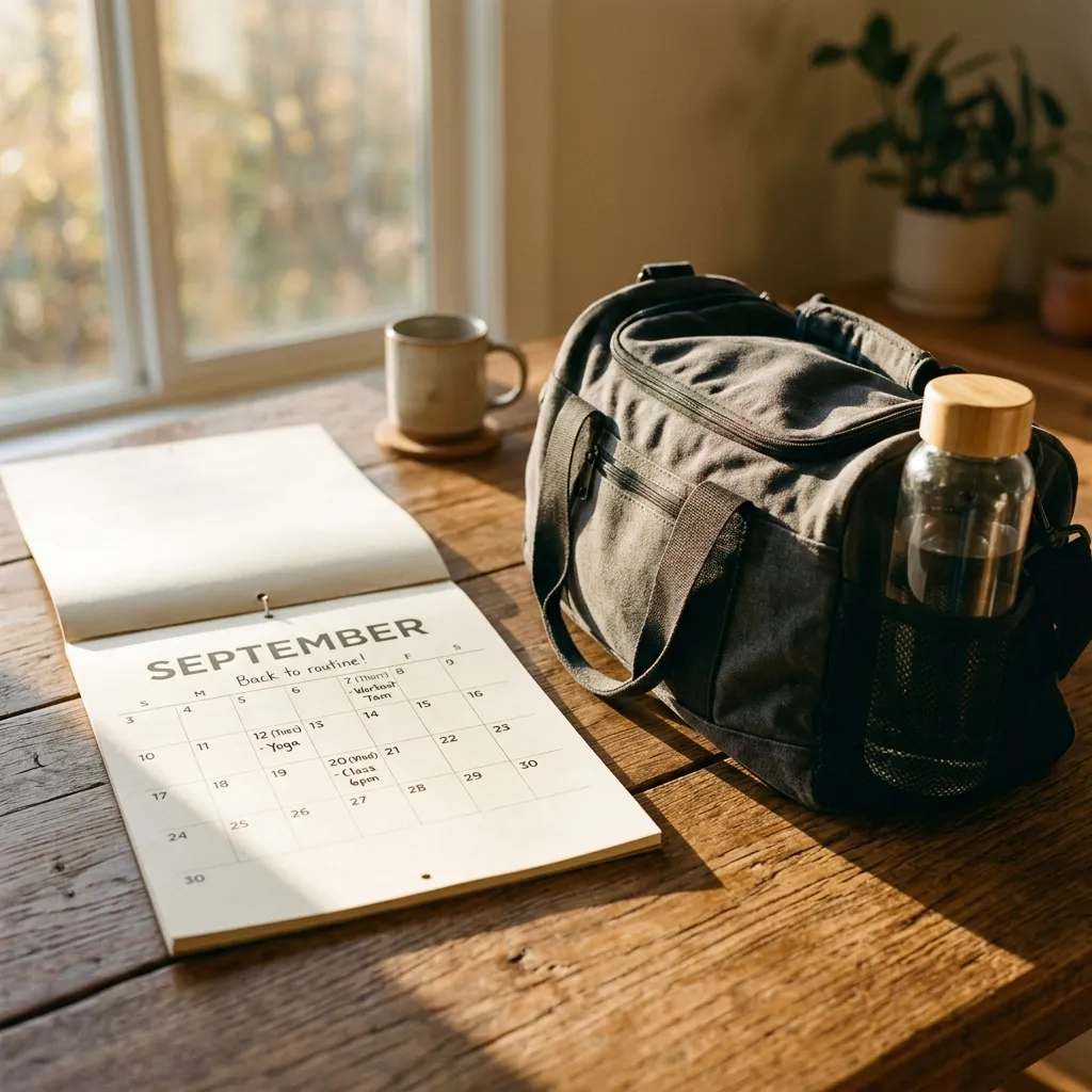A September calendar page next to a packed gym bag on a wooden table in warm morning light, representing the return to a structured routine