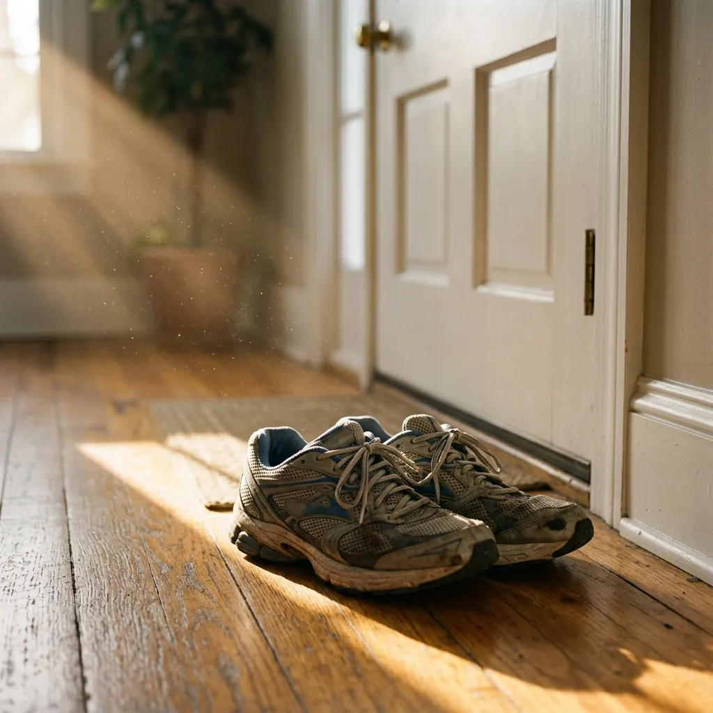 A pair of running shoes placed by a front door in early morning light, representing the return to a consistent daily routine