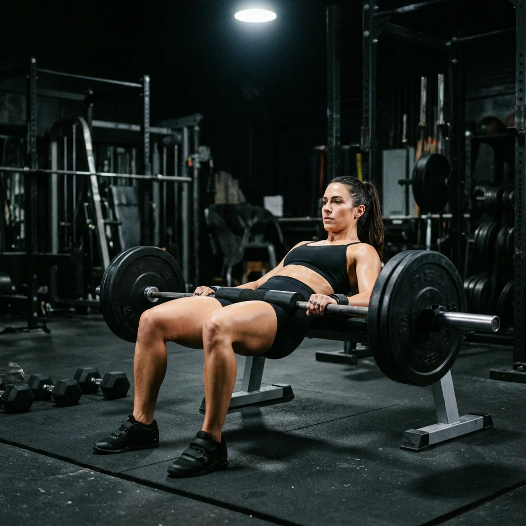 Woman performing a barbell hip thrust in a gym