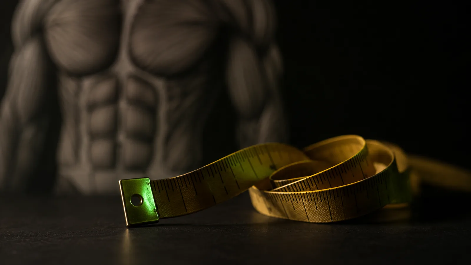 A tailor's measuring tape coiled on a dark surface next to a soft-focus anatomical torso illustration, representing visceral fat measurement