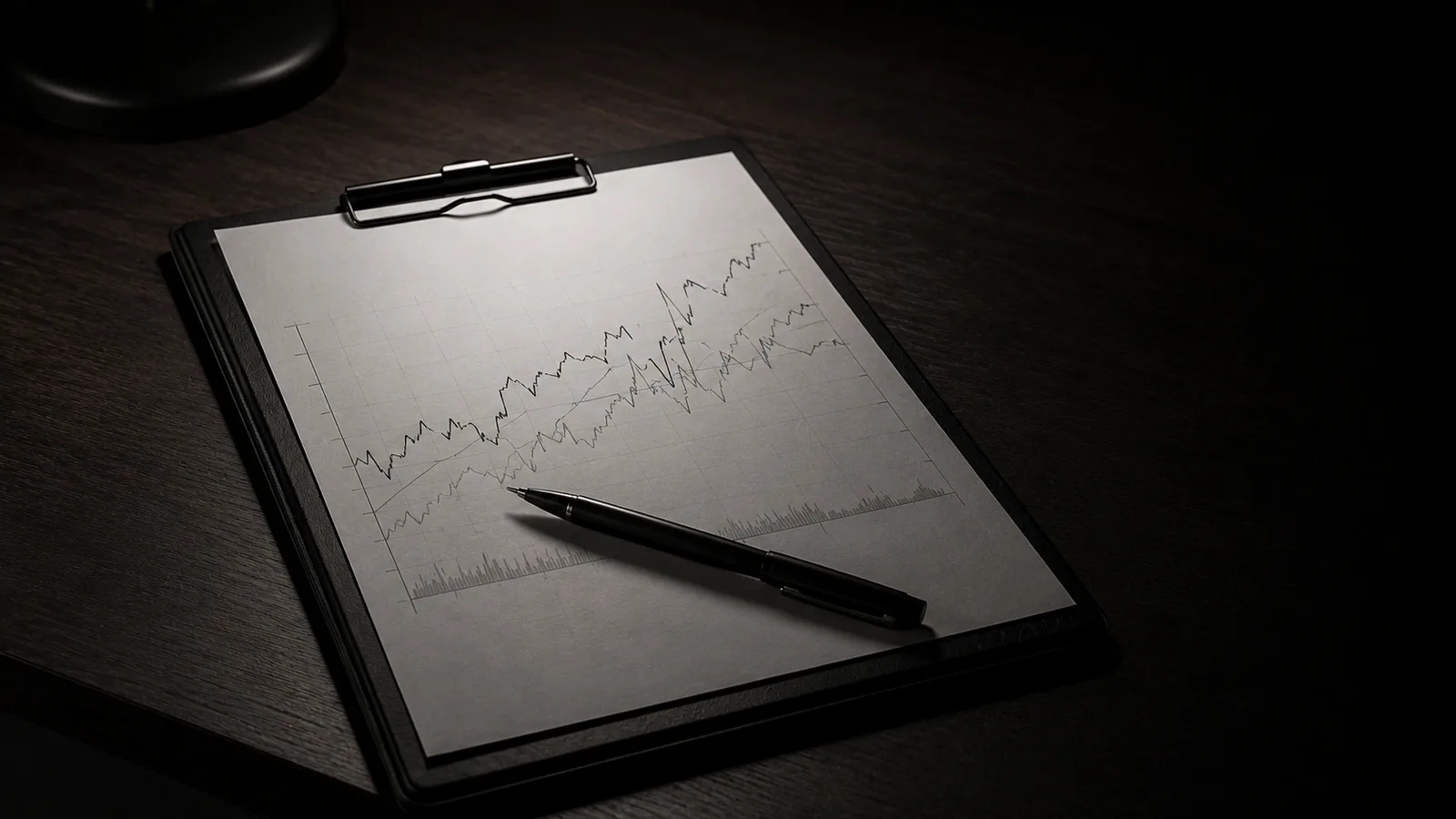 A clinical clipboard with a data chart and pen resting on a dark desk, softly lit, representing reviewing real trial data
