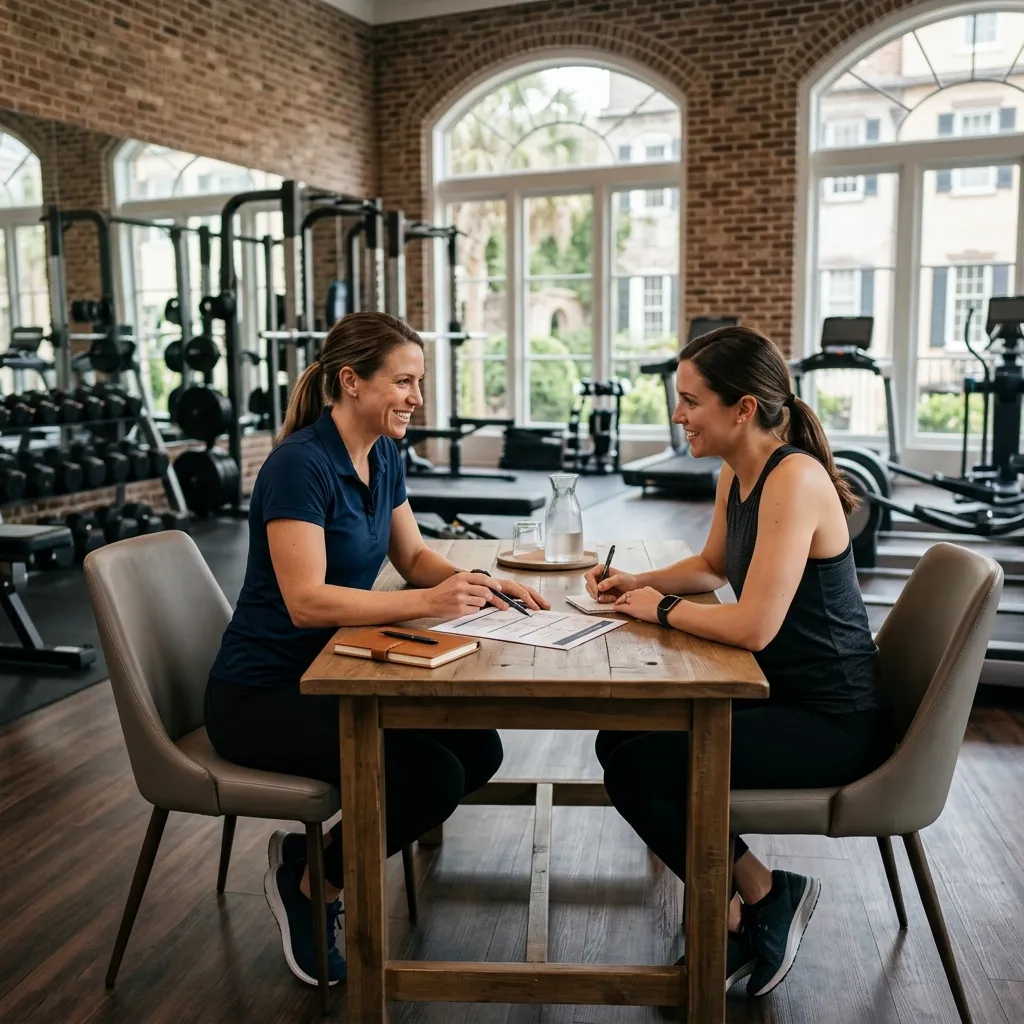 Charleston personal trainer Kyle Belk discussing custom coaching package options with a South Carolina client