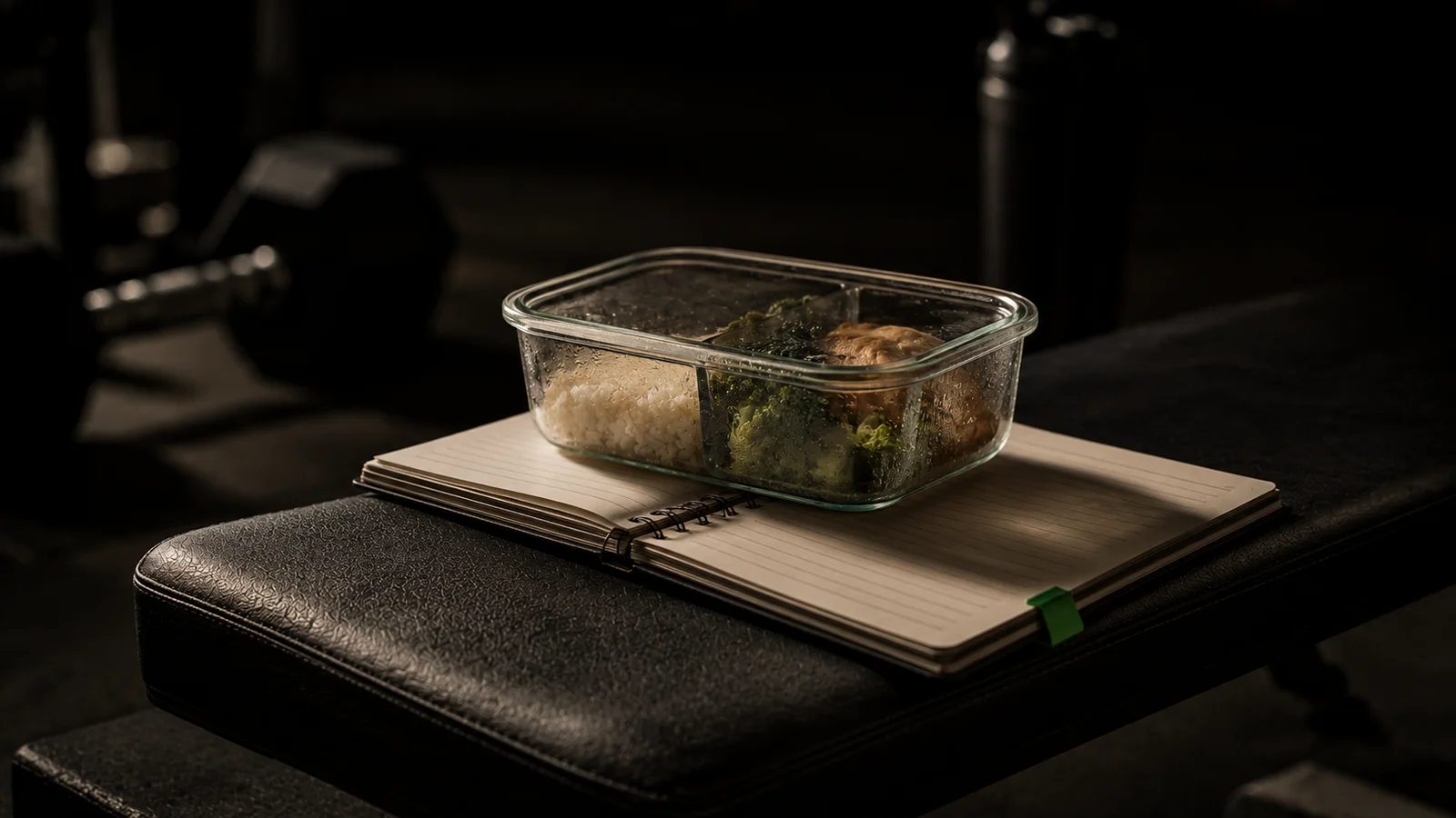 A glass meal-prep container with rice, broccoli, and chicken resting on top of an open spiral notebook on a dark gym bench, representing training and nutrition coaching combined into one program