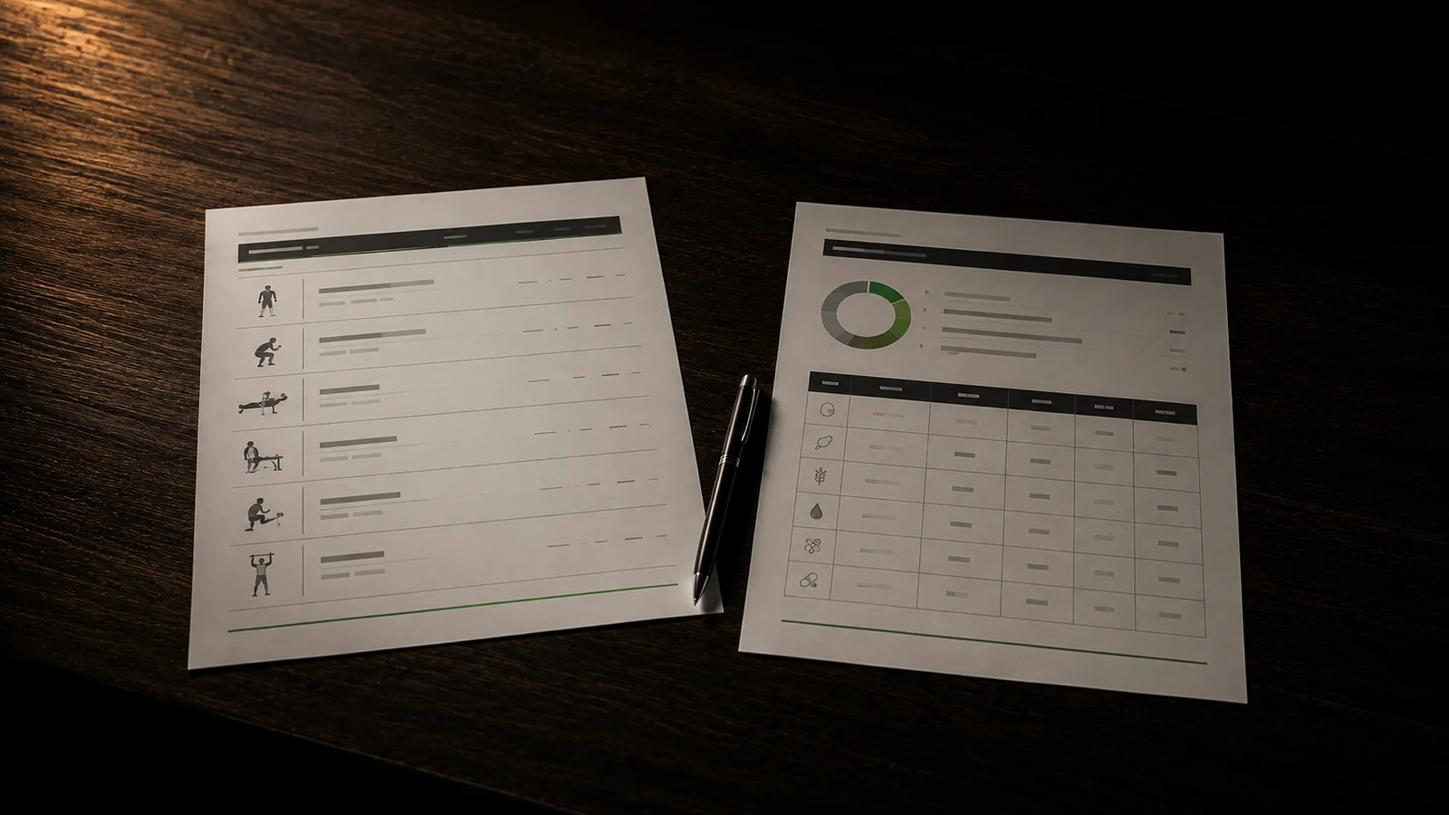 A printed training plan with exercise icons and a printed nutrition macro sheet with a small pie chart, lying side by side on a dark wood table with a pen between them, representing combined training-and-nutrition coaching